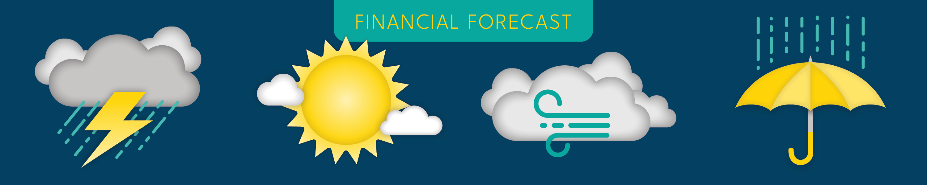 Financial Forecast banner showing icons of rain, sun, wind and rain